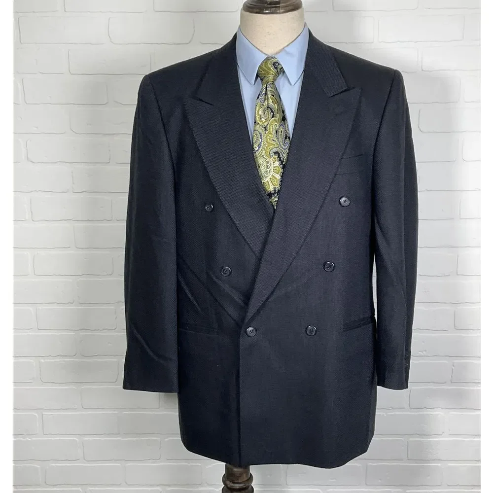 Antonio Parillo Blazer Men 42L Black Blue Double Breasted Textured Classic‎ Wool